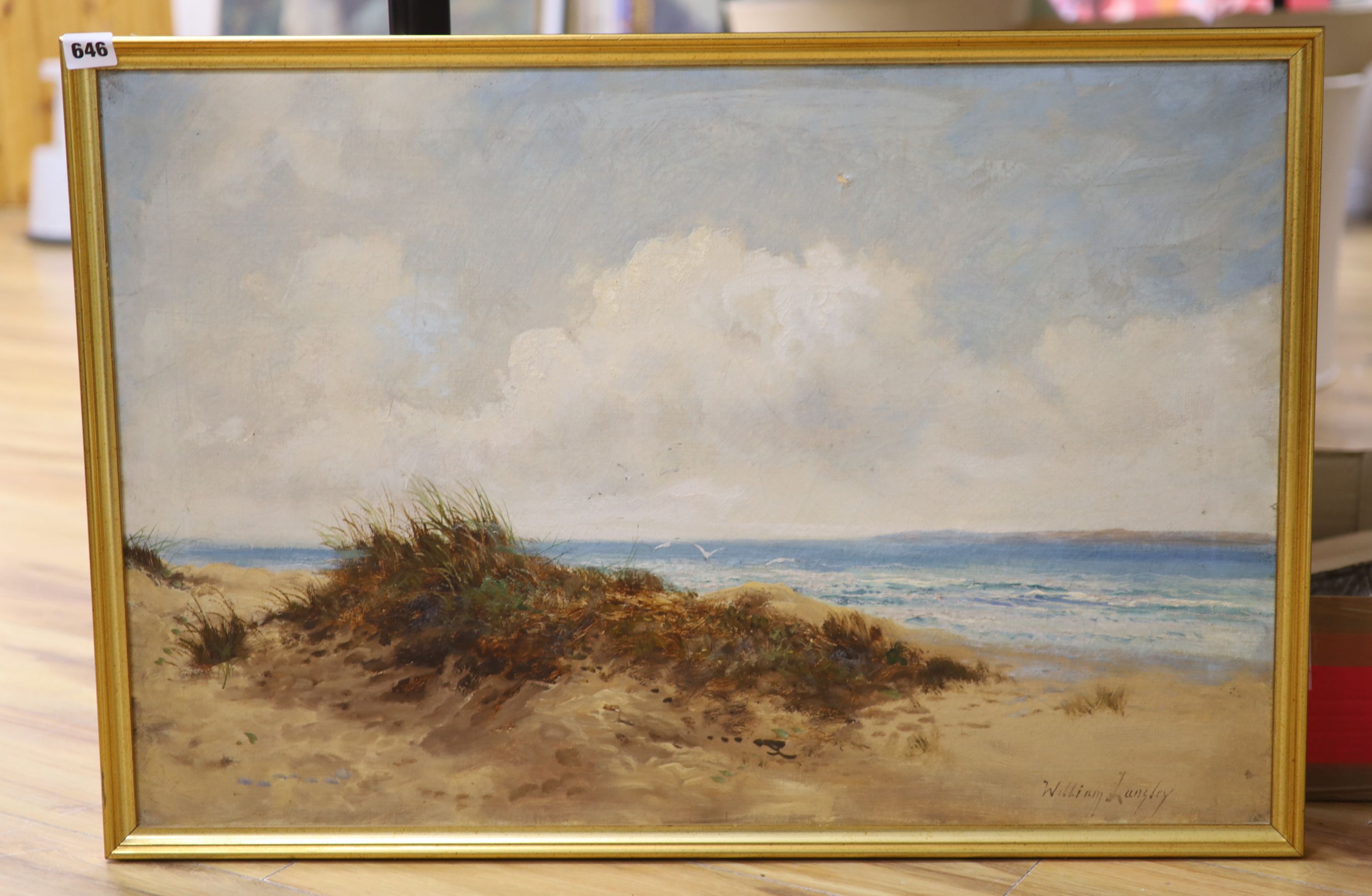 William Langley (1852-1922), oil on canvas, Sand dunes along the coast, signed, 50 x 75cm